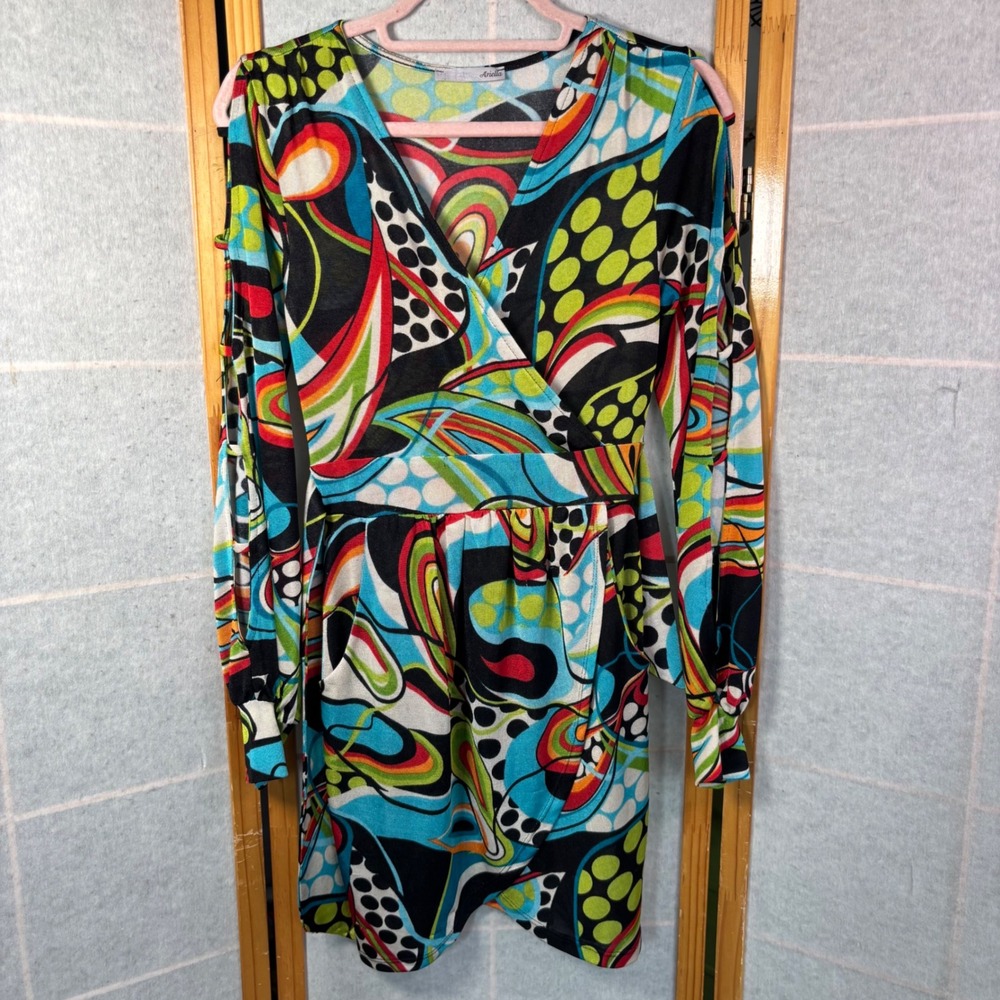 Vintage Ariella Faux Wrap Mini‎ Dress Small Psychedelic Mod Cold Shoulder Slit